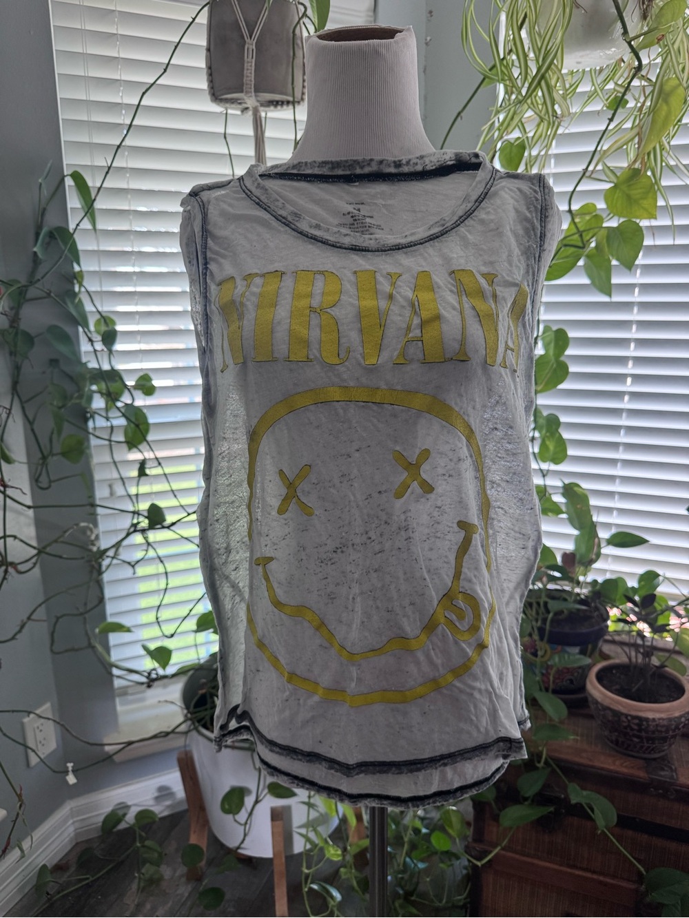 NIRVANA burnout Tank with Yellow Smiley Graphic